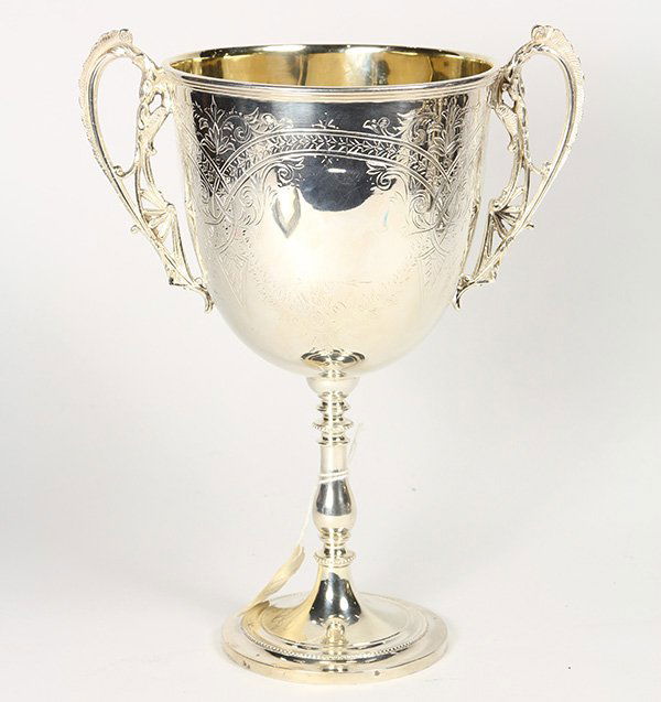 English Aesthetic Movement silver plate presentation: English Aesthetic Movement silver plate presentation chalice by John Henry Potter, Sheffield, 1884-1940, the oversized bowl incised with scrolling acanthus, bands of foliate continuing to floral garla