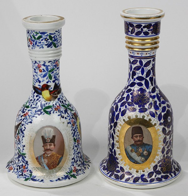 (lot of 2) Bohemian opaline ring neck bottles circa: (lot of 2) Bohemian opaline ring neck bottles circa 1900, executed for the Ottoman market, each having a floral decorated body centered with a portrait of a Sultan, and rising on a circular base,