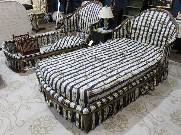 Pair of Louis XV style day beds, 19th century, each: Pair of Louis XV style day beds, 19th century, each having an acanthus carved crest above a blue and yellow upholstered back, and rising on cabriole legs, each: 40"h x 75.5"l x 40.5"d (interior); (Not