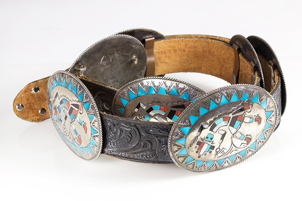 Native American inlay silver concho belt, Benson Boyle: Native American inlay silver concho belt, Benson Boyle featuring six silver conchos and one matching buckle, 4" X 3 3/4", rainbow man design, inlayed with turquoise, onyx, spiny oyster and mother-of-p