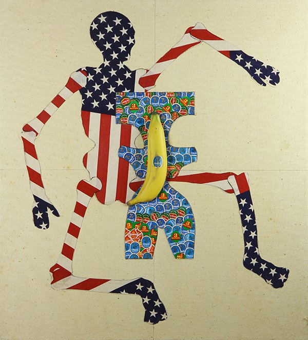 Mixed media, Jose Ramon Lerma: (lot of 2) Jose Ramon Lerma (American, b. 1930), Bananas, mixed media on canvas, one unsigned, one titled, signed, and dated 1983 verso, overalls (with frame): 29"h x 24.5"w