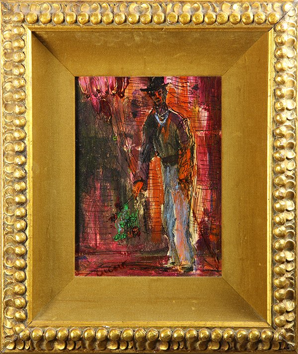 Painting, Pascal Cucaro: Pascal Cucaro (American, 1915-2004), Untitled (Abstract Standing Man with Hat), oil on canvas, signed lower left, 20th century, overall (with frame): 20"h x 17"w