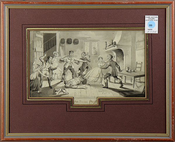 Drawing, Isaac (Isaac Robert) Cruikshank: Isaac (Isaac Robert) Cruikshank (British, 1789-1856), "Blindman's Bluff," ink and ink wash on paper, signed lower left, titled lower center, overall (with frame): 14"h x 17"w