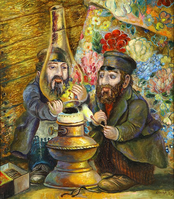 Painting, Alexander Kanchik: Alexander Kanchik (Moldavian b. 1959), Lighting the Oil Lamp, 2013, oil on canvas, signed and dated lower right, overall (with frame): 39"h x 35"w