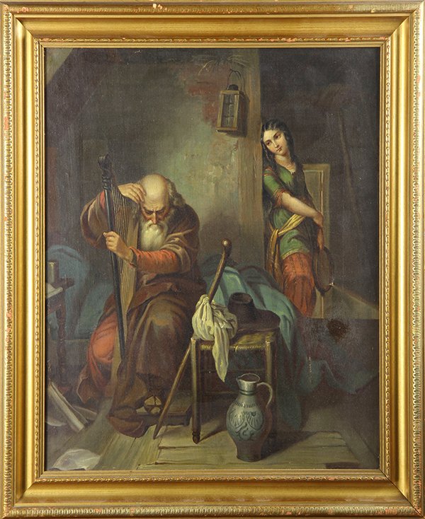 Painting, Continental School (19th century): Continental School (19th century), Interior Genre Scene, oil on canvas, label (Marshal Field and Co.) with artist name "M. Hart" affixed verso, overall (with frame): 23.5"h x 21"w