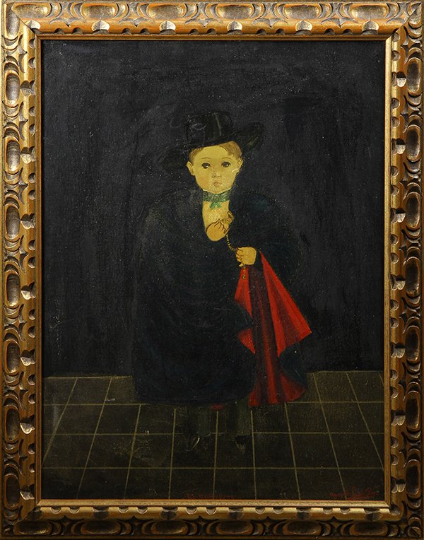Paintings by Agapito Labios: (lot of 2) Agapito Labios (Mexican, 1898-1996), Portraits of a Boy and a Girl, oils on boards, each signed, overalls (with frames): 25.5"h x 20"w