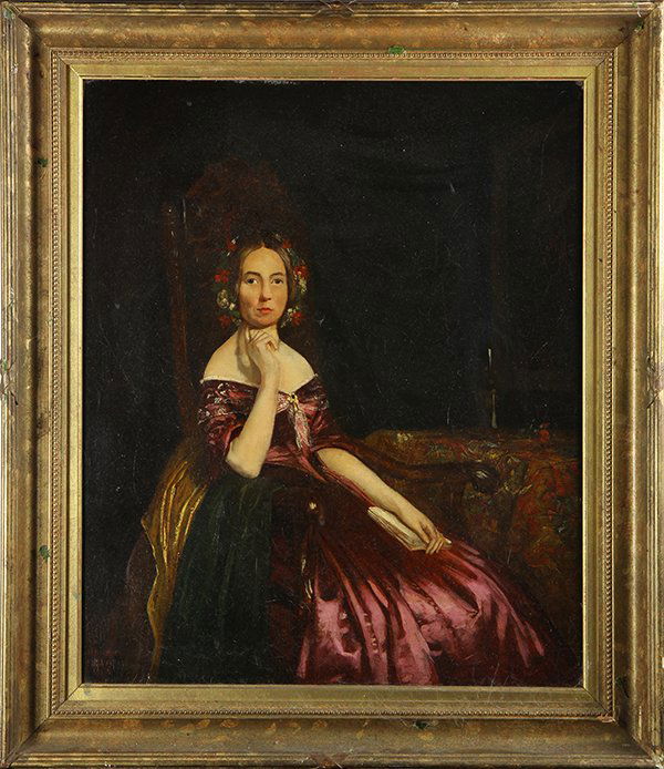 Painting, British School (19th c.), Portrait: British School (19th century), Portrait of a Seated Lady, oil on canvas, unsigned, overall (with frame): 29.25"h x 25.25"w