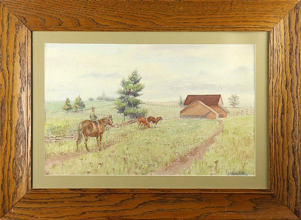 Painting, John Wesley Little: John Wesley Little (American, 1867-1923), Horseback on the Farm, watercolor on paper, signed lower right, overall (with frame): 21"h x 28.5"w