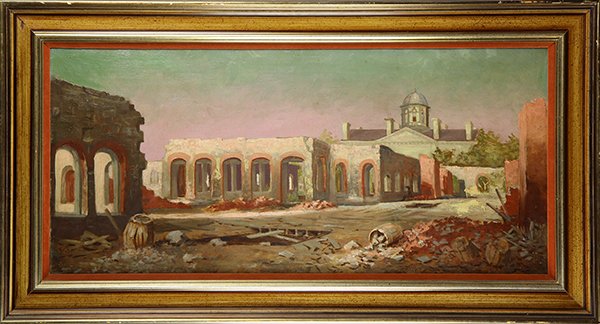 Painting, Attributed to Edwin Deakin: Attributed to Edwin Deakin, "St. Ignatius, after S.F. Fire," 1906, oil on canvas, unsigned, title label affixed verso, overall (with frame): 23.25"h x 43"w