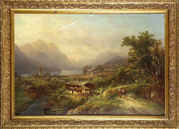 Painting, Altaussee Landscape with Figures: European School (19th century), Altaussee Landscape with Figures, bears signature (J. August) lower right, overall (with frame): 22.5"h x 30.5"w. Provenance: Property of the Carnelian Room (San Franci