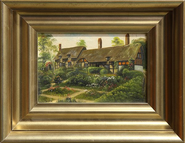 Paintings by Ben Carre and Willis Pryce: (lot of 2) Ben Carre (American, 1883-1978), "Bois De Boulogne (Paris)," 1908, oil on panel, signed lower right, and Willis Pryce (British, 19th century), "Anne Hathaway's Cottage," oil on panel, signe