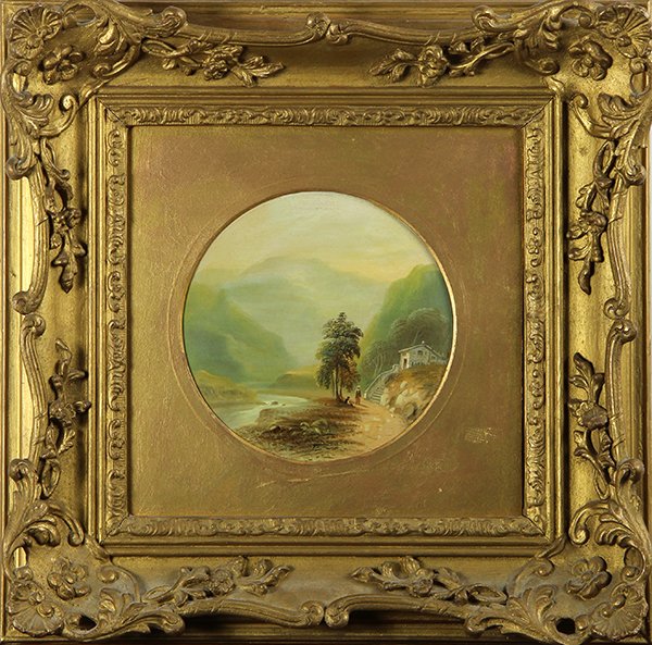 Painting, Continental School (19th century): Continental School (19th century), River Scene with Figures near a House with Distant Mountain, oil on canvas, unsigned, overall (with frame): 15.5"h x 15.5"w