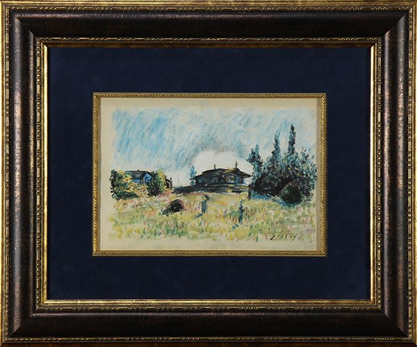 Painting, Manner of Alfred Sisley: Manner of Alfred Sisley (French, 1839-1899), House at the Top of the Hill, colored pencil and watercolor on paper, bears signature lower right, overall (with frame): 18.5"h x 22.5"w