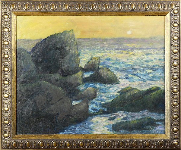 Painting, Sunset on the Waves: American School (19th century), Sunset on the Waves, oil on canvas, overall (with frame): 20"h x 24"w,