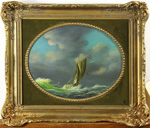 Sailing ship paintings: (lot of 2) Dutch School (19th century), Sail Boat in Heavy Seas, oil on board, unsigned, and British School (20th century), Frigates Under Sail, oil on board, unsigned, largest overall (both framed):
