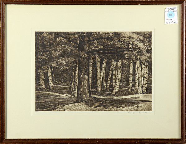 Print by Luigi Lucioni: Luigi Lucioni (American/Italian, 1900-1988), Birch Trees, 1958, etching, pencil signed lower right, plate signed and dated lower right, overall (framed): 15"h x 19"w