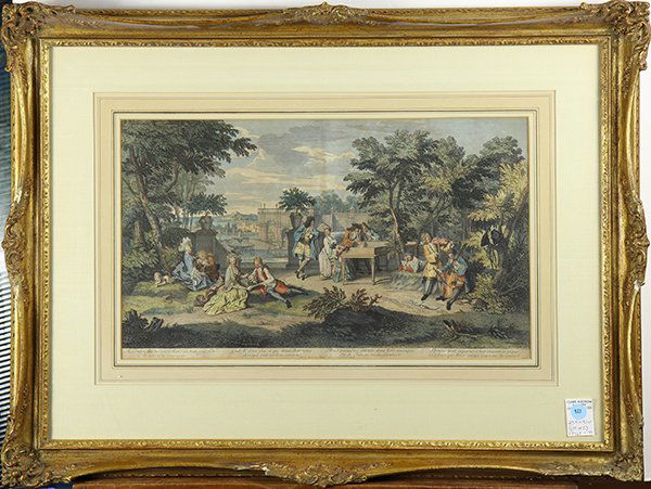 Prints by Giovanni Battista Cipriani and Bernard Picart: (lot of 2) Giovanni Battista Cipriani (Italian, 1727-1785), "Nymphs Bathing," engraving, engraved by Francesco Bartolozzi (Italian, 1727-1815), overall (framed): 20.5"h x 24.5"w, and Bernard Picart (F