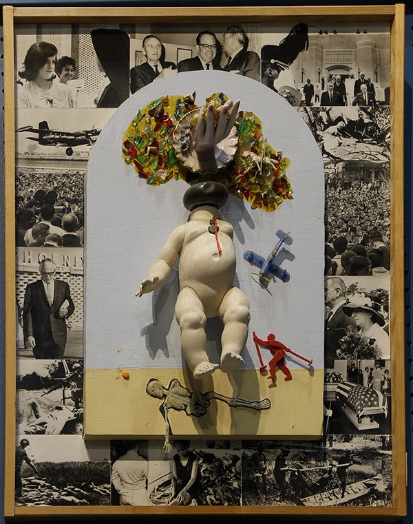 Mixed medias by Jose Ramon Lerma: (lot of 2) Jose Ramon Lerma (American, b. 1930), "The Virgin of Vietnam/Vietnam War, Peace Treaty," 1975/1993, & Untitled (Poverty and Piety), mixed-medias on wood, one signed, dated, and titled verso