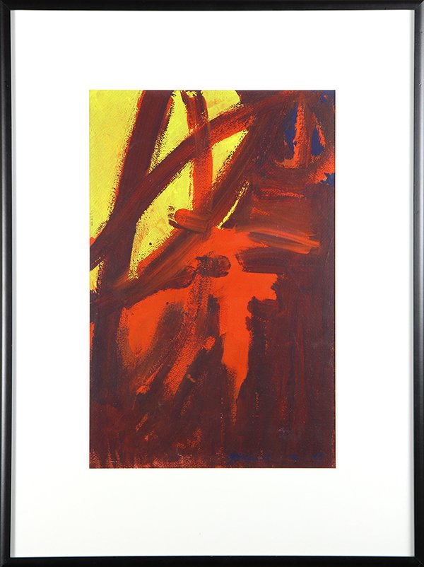 Painting, Robert Kaess: Robert Kaess (American, 1923-1991), Red and Yellow Abstract, 1963, oil on board, signed and dated lower right, overall (with frame): 32"h x 24"w
