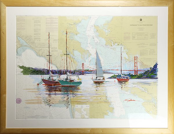 Painting, Kerry Hallam, San Francisco Bay: Kerry Hallam (American, 1937), "San Francisco Bay," acrylic on nautical chart, signed lower right, gallery title label (Martin Lawrence Gallery) affixed verso, overall (with frame): 42"h x 53"w