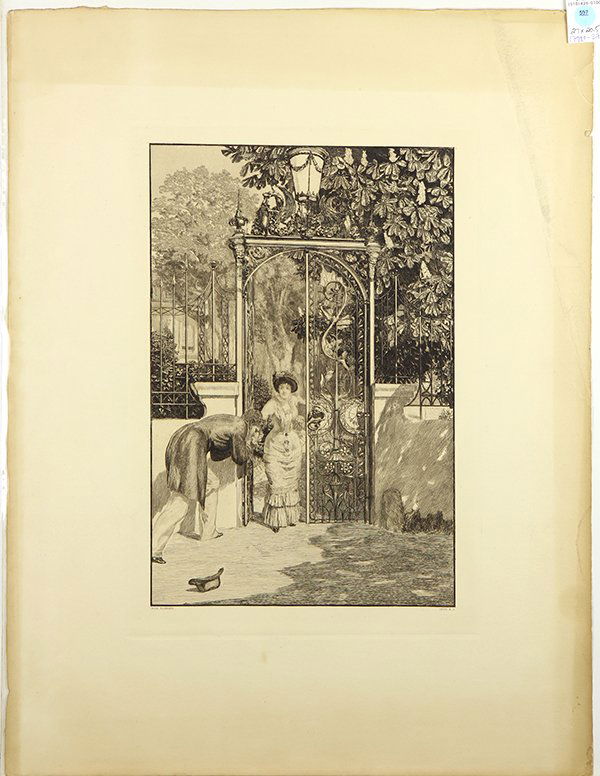 Print, Max Klinger: Max Klinger (German, 1857-1920), At the Gate, etching, plate signed lower left, "OPUS X, 3" written lower right, overall (unframed): 27"h x 20.5"w