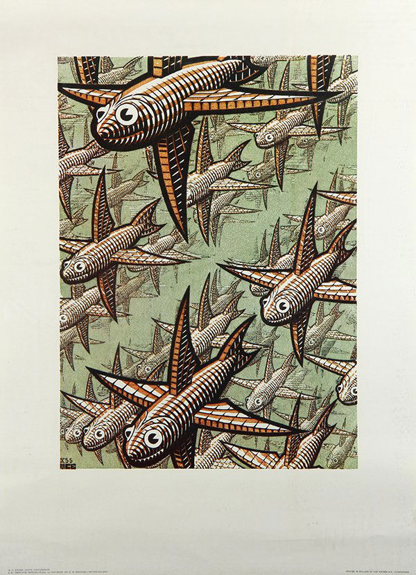 (lot of 8) M.C. Escher prints: (lot of 8) M.C. Escher (Dutch, 1898- 1972), "Convex and Concave," offset lithograph, plate signed and dated 1955 upper left, Two "Belvedere," offset lithographs, plate signed and dated 1958 lower righ