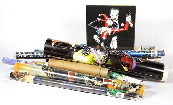 (lot of approx 15) Marvel and DCvintage and modern: (lot of approx 15) Marvel and DCvintage and modern comic book posters, including cover art by Alex Ross, Fantastic Four, Justice Leauge of America, and Crisis, many never opened