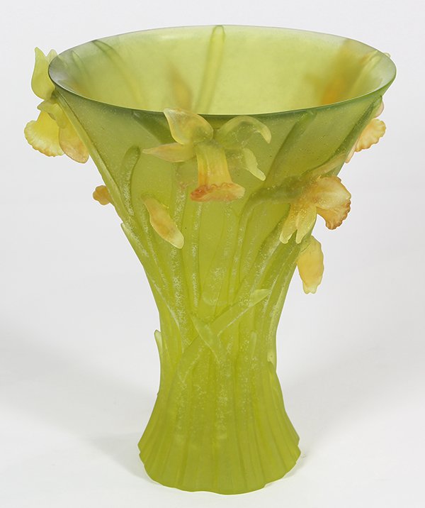 Daum France Daffodil vase: Daum France Daffodil vase, executed in chartreuse pâte de verre, of conical form, depicting a bouquet of three relief decorated daffodils in lemon and marigold yellow, signed Daum France 1387, with o