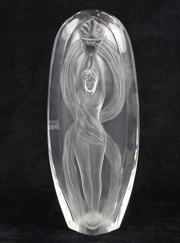 Marie-Claude Lalique 'Eroica' frosted glass vase: Marie-Claude Lalique 'Eroica' frosted glass vase, having a tapered form decorated with a molded nude figure, carrying a torch overhead, with original box, 13.5"h
