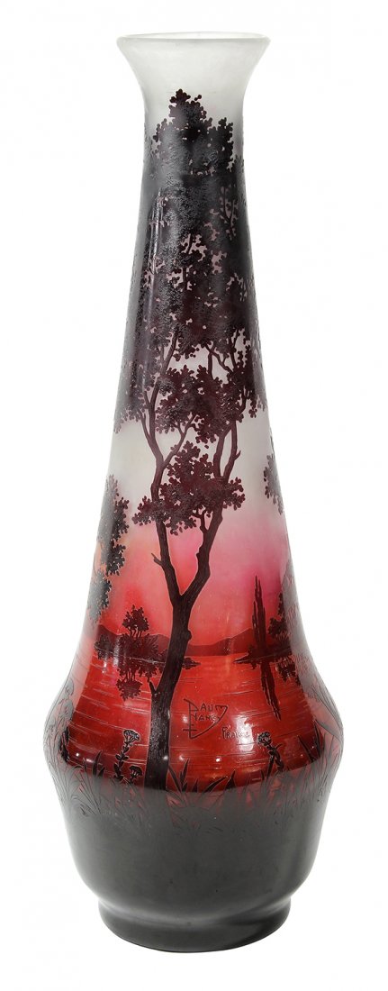 Monumental Art Nouveau Daum Nancy, "Paysage Lacustre": Monumental Art Nouveau Daum Nancy, "Paysage Lacustre" cameo glass vase, having a shouldered form decorated with a lakeside scene in burgundy cut to a mottled maroon and frosted ground, signed "Daum Na