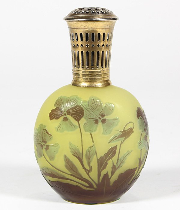 Galle cameo glass 'Lampe Bergere', having a silvered: Galle cameo glass 'Lampe Bergere', having a silvered and gilt pierced top, above the bulbous body decorated with bluebells cut to a yellow ground, signed in cameo, 7"h. Provenance: Property from the 