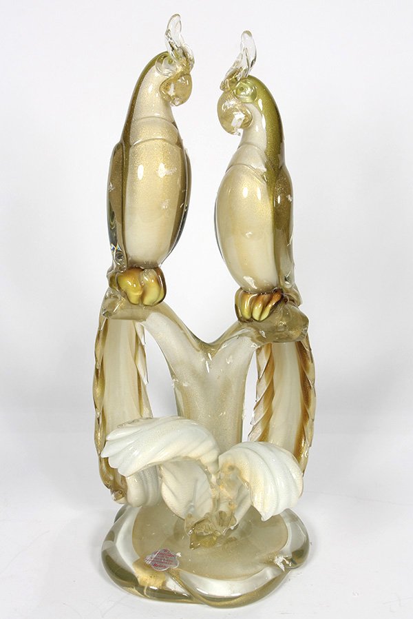 Alfredo Barbini: Alfredo Barbini, Murano Sommerso blown glass figural sculpture depicting parrots, perched on a branch, having gilt inclusions, retains Alfredo Barbini label, 18"h