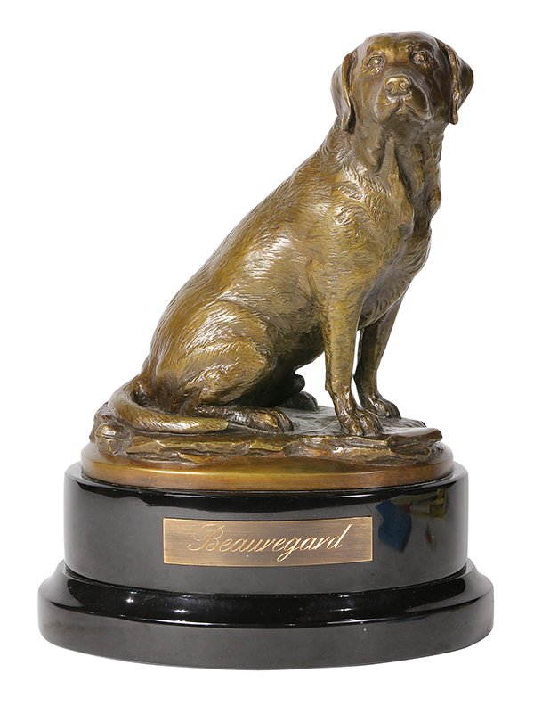 Patinated bronze figural sculpture depicting a seated: Patinated bronze figural sculpture depicting a seated Labrador Retriever, rising on a conforming black marble base with plaque reading: "Beauregard", signed "MacD" above a foundry mark, and inscriptio