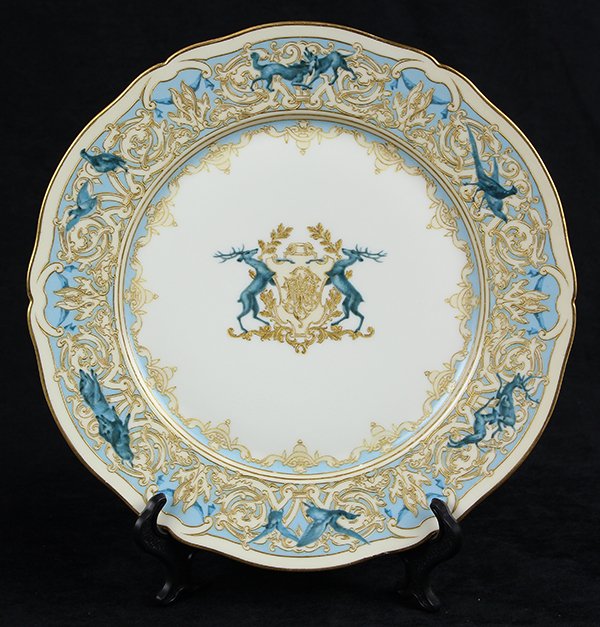 (lot of 14) Rihouet, LeRosey, Paris, hand painted: (lot of 14) Rihouet, LeRosey, Paris, hand painted porcelain plates, the scalloped border having raised gilt enamel foliate designs, accented with various animals including birds, coyotes, and elk, on 