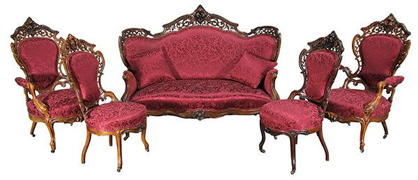 J. and J. W Meeks New York Rococo Revival parlor suite: (lot of 8) J. and J. W Meeks New York Rococo Revival parlor suite in the Stanton Hall pattern, circa 1860, executed in laminated rosewood, comprising (2) settees, (2) arm chairs, and (4) side chairs,