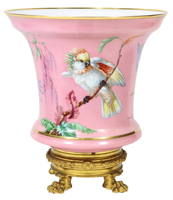 Monumental Baccarat hand painted ornithological: Monumental Baccarat hand painted ornithological centerpiece, 1868, executed in opaline glass with ormolu mounts, the urn form with flared gilt rim having brilliantly colored parrots and a cockatoo per