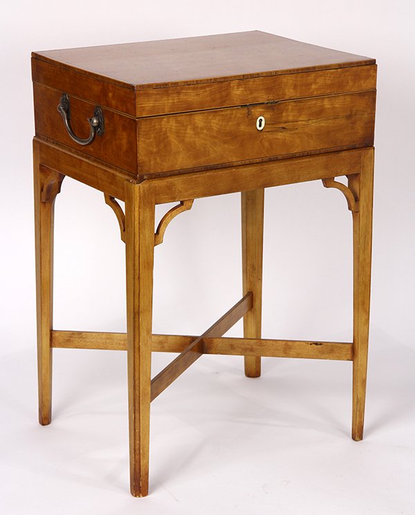(lot of 2) George III writing desk with stand: (lot of 2) George III writing desk with stand, circa 1800, executed in satinwood with tulipwood and ivory inlay, the rectangular form with hinged inner top opening to reveal a fitted interior, the who