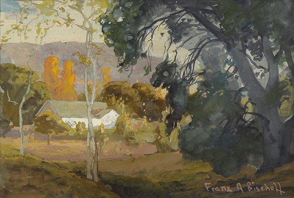 Painting, Franz Arthur Bischoff: Franz Arthur Bischoff (American, 1864-1929), White House in an Orchard, watercolor and gouache on paper, signed lower right, sight: 7.25"h x 10.5"w, overall (with frame):15.5"h x 18.5"w. Provenance: B