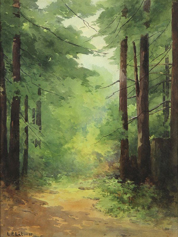 Watercolor, Lorenzo Latimer: Lorenzo Palmer Latimer (American, 1857-1941), Clearing in the Forest, watercolor, signed lower left, sight: 13"h x 9.5"w, overall (with frame): 21"h x 17.75"w