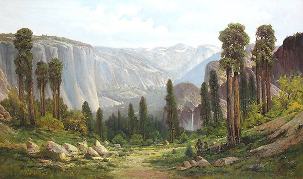 Painting Manuel Valencia: Manuel Valencia (American, 1856-1935), "Yosemite Valley from Artists Point," oil on canvas, signed lower left, gallery label (Trotter Galleries, Carmel, California) affixed verso, canvas: 40"h x 70"w,