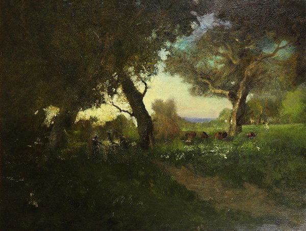 Painting, William Keith: William Keith (American, 1838-1911), Cattle Gazing Under the Oaks, oil on canvas, signed lower right, canvas: 27"h x 34.5"w, overall (with frame): 36"h x 43.5"w. Provenance: Collection of C. Philip Ca