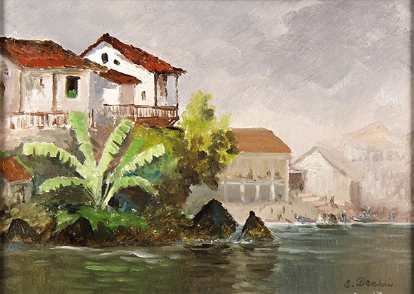 Painting, Edwin Deakin: Edwin Deakin (American, 1838-1923), "Off the Coast of Panama," 1879, oil on canvas, signed lower right, signed, titled and dated verso, gallery label (Trotter Galleries, Carmel, California) affixed ve