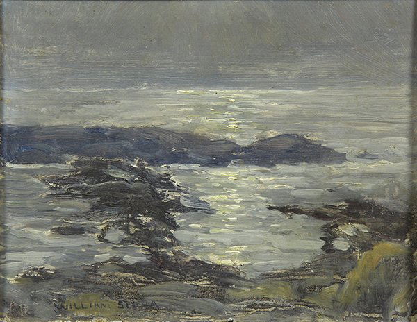 Painting, William Posey Silva: William Posey Silva (American, 1859-1948), Moonlight on the Monterey Coast, oil on board, signed lower left, board: 8"h x 10"w, overall (with frame): 11.5"h x 13.5"w. Provenance: Collection of C. Phil