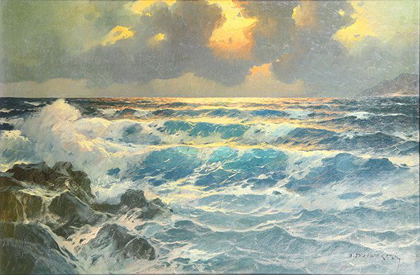 Painting, Alexander Dzigurski: Alexander Dzigurski (American, 1911-1995), Waves and Passing Clouds at Sunset, oil on canvas, signed lower right, canvas: 24"h x 36"w, overall (with frame): 33"w x 45"w. Provenance: Collection of C. P