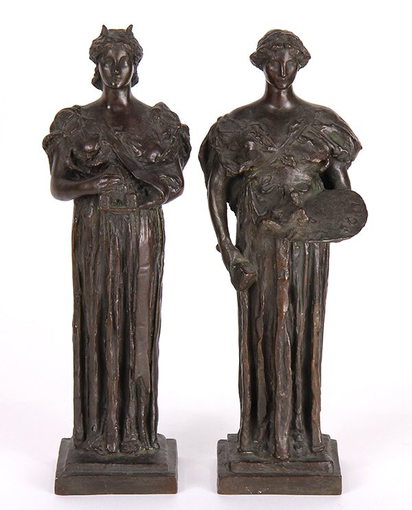 Bronzes, Daniel Chester, Allegorical Maquettes: (lot of 2) Daniel Chester French (American, 1850-1931), Allegorical Maquettes ("Architecture, Painting, and Sculpture") - Richard Morris Hunt Memorial (New York City, New York), circa 1898-99, pair of