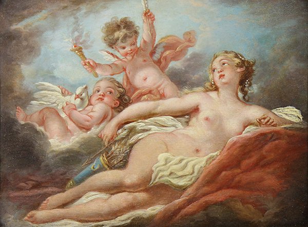 Painting, Attributed to François Boucher: Attributed to François Boucher (French, 1703-1770), Diana with Cherubs, oil on lattice panel, unsigned, panel: 8.25"h x 11"w, overall (with period frame): 13"h x 16"w