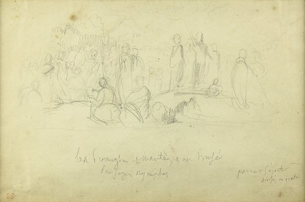 Drawing, Eugene Delacroix: Eugene Delacroix (French, 1798-1863), Untitled (Figures), black crayon on paper, stamped artist's initials (in red) lower left, inscribed (illegibly) by the artist lower center and right, letter of au