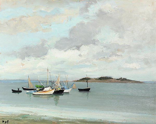 Painting, Marcel Dyf: Marcel Dyf (French, 1899-1985), "Bateaux de pêche au Logéo (South Brittany)," 1968, oil on canvas, signed lower left, title label (with registration no: 44001) affixed verso, canvas: 18.125"h x 21.6