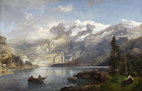 Painting, Lev Felixovich Lagorio: Lev Felixovich Lagorio (Russian, 1827-1905), Figures Rowing a Boat with Distant Snow-Capped Mountains, oil on canvas, signed and dated lower left, canvas: 17.25"h x 26.5"w, overall (with frame): 26"h