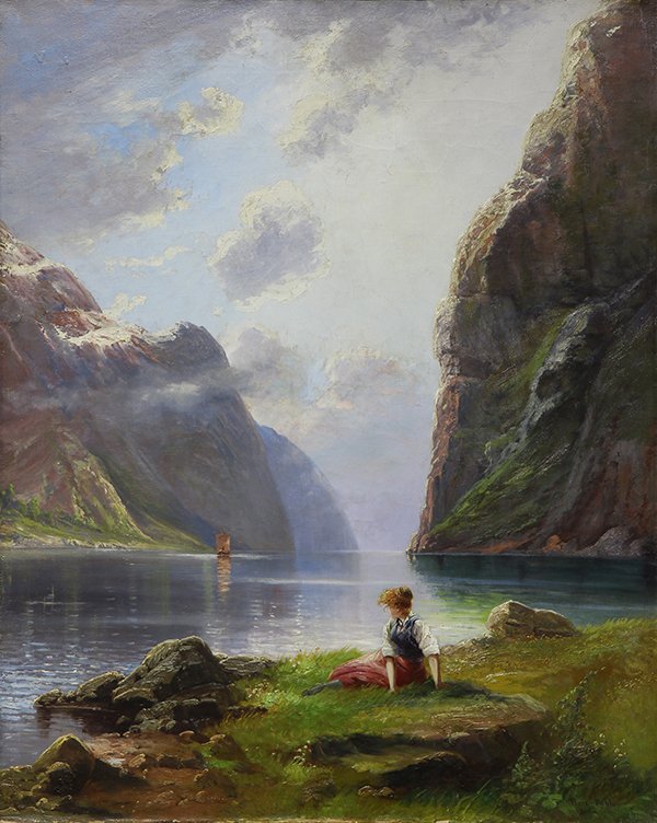 Painting, Hans Dahl: Hans Dahl (Norwegian, 1849-1937), Lady Seated by a Mountain Lake, oil on canvas, signed lower right, sight: 47"h x 37.5"w, overall (with frame): 56"h x 47"w